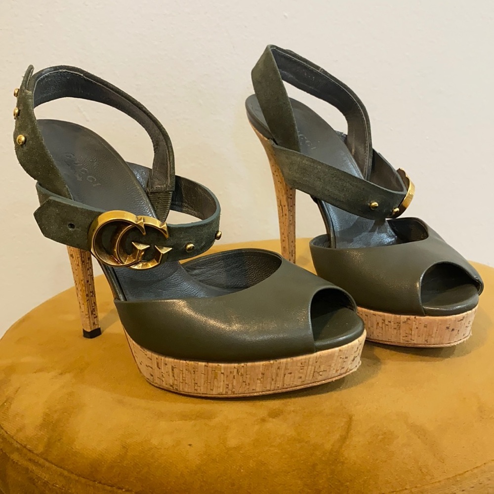 Gucci Dark Green leather and suede platform sandals with cork Heels | Size 37